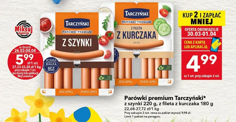 Parówki premium z fileta z kurczaka 180g promocja w LEWIATAN
