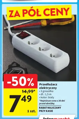 Przedłużacz elektryczny 3 gniazdka 1,5 m biały promocja w Intermarche