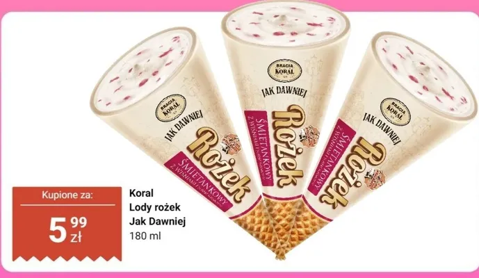 Lody rożek Jak Dawniej śmietankowy Koral promocja w Dino