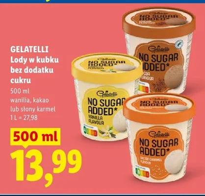 Lody w kubku bez dodatku cukru Gelatelli słony karmel promocja w Lidl