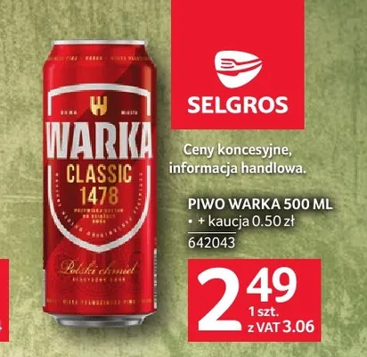 Piwo Warka Classic promocja w Selgros