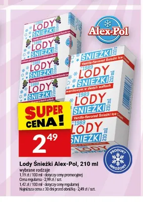 Lody Śnieżki waniliowo-porzeczkowe w dwóch waflach Alex-Pol promocja w Twój Market