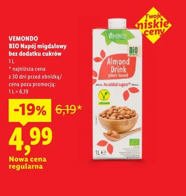 Napój migdałowy bez dodatku cukrów Vemondo promocja w Lidl