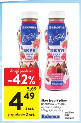 Jogurt pitny Skyr malina stracciatella Bakoma & E.Wedel promocja w Intermarche