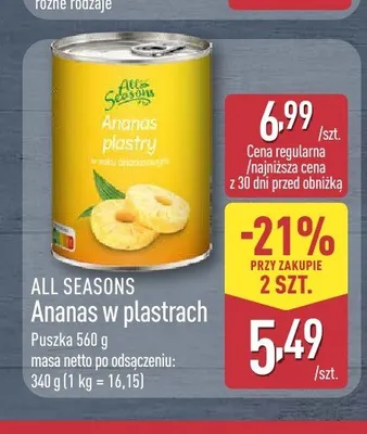 Ananas w plastrach All Seasons promocja w Aldi