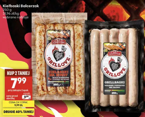 Grillbaski kiełbaski wieprzowe bez osłonki Grillove Balcerzak promocja w Delikatesy Centrum