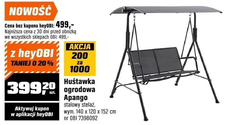 Huśtawka ogrodowa Aponga stalowy stelaż wym. 140x120x152cm nr OBI 7398092 promocja w OBI
