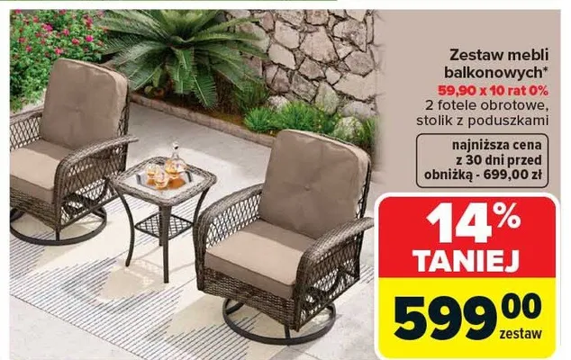 Zestaw mebli balkonowych 2 fotele obrotowe stolik z poduszkami promocja w Carrefour