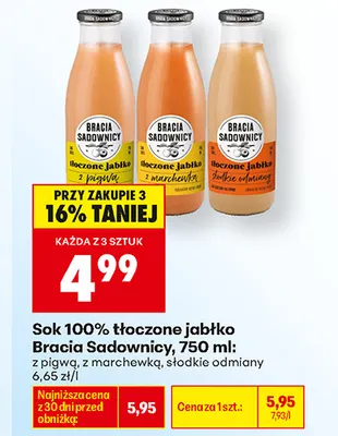 Sok tłoczone jabłko z marchewką Bracia Sadownicy 100% promocja w Biedronka