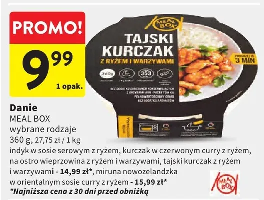 Danie tajski kurczak z ryżem i warzywami, indyk w sosie serowym z ryżem, kurczak w czerwonym curry z ryżem, na ostro wieprzowina z ryżem i warzywami, tajski kurczak z ryżem i warzywami, miruna nowozelandzka w orientalnym sosie curry z ryżem promocja w Intermarche
