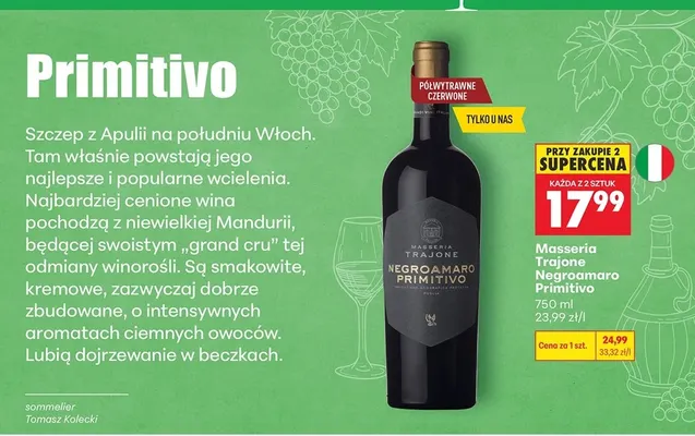 Wino czerwone Masseria Trajone Negroamaro Primitivo promocja w Biedronka