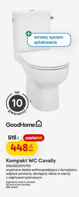 Kompakt WC GoodHome Cavally wirowy system spłukiwania wypinana deska wolnoopadająca z duroplastu odpływ poziomy dostępny także w wersji z odpływem pionowym promocja w Castorama