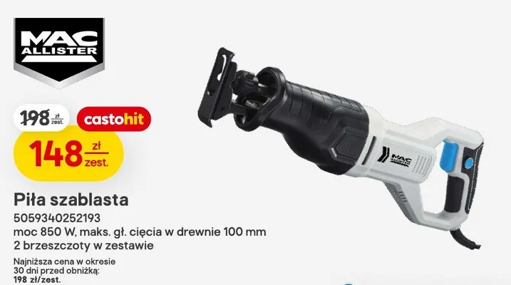 Piła szablasta MAC ALLISTER moc 850W maks. gł. cięcia w drewnie 100mm 2 brzeszczoty w zestawie promocja w Castorama
