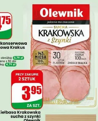 Kiełbasa Krakowska sucha z szynki Olewnik promocja w Dino