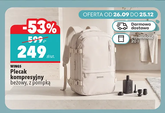Plecak kompresyjny beżowy z pompką Wings promocja w Biedronka