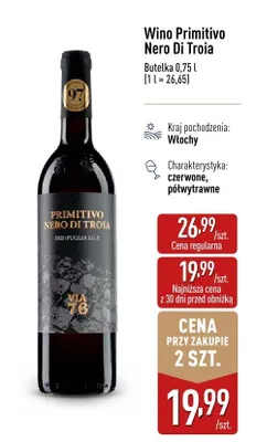 Wino Primitivo Nero Di Troia czerwone półwytrawne promocja w Aldi