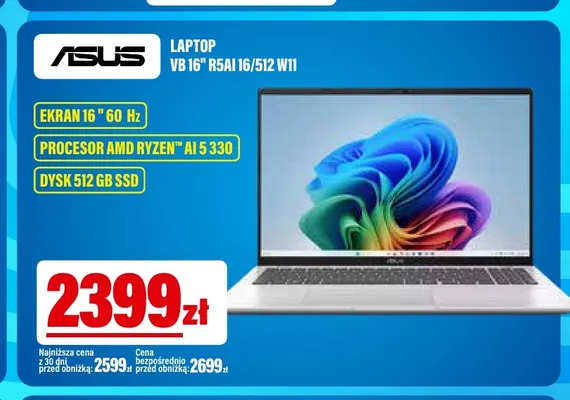 Laptop Vb 16" R5AI 16/512 W11 Asus promocja w RTV EURO AGD