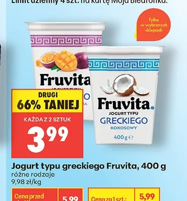 Jogurt typu greckiego brzoskwiniowy Fruvita promocja w Biedronka