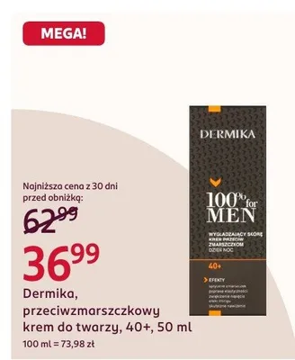Przeciwzmarszczkowy krem do twarzy Dermika 100% for Men 40+ 50ml promocja w Rossmann