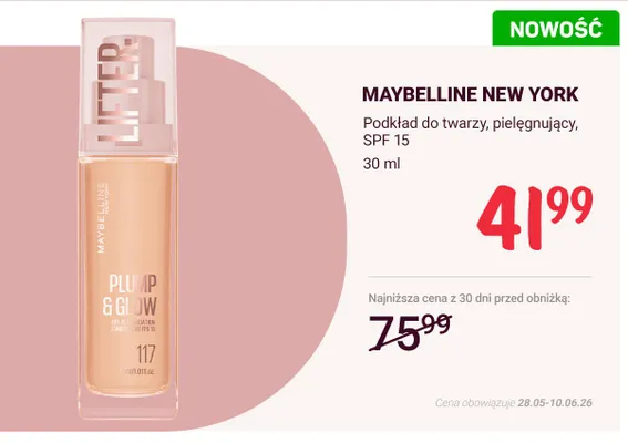 Podkład do twarzy pielęgnujący SPF 15 Maybelline New York promocja w Rossmann