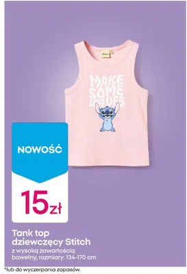 Tank top dziewczęcy Stitch z wysoką zawartością bawełny rozmiary 134-170cm promocja w Pepco