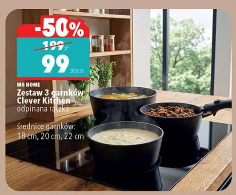 Zestaw 3 garnków MG HOME Clever Kitchen odpinana rączka średnice garnków: 18cm, 20cm, 22cm promocja w Biedronka
