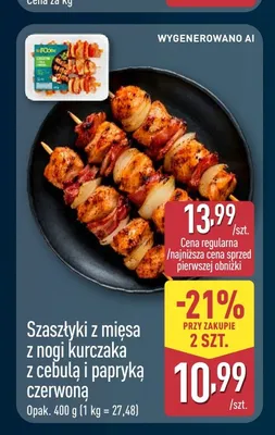 Szaszłyki z mięsa z nogi kurczaka z cebulą i papryką czerwoną promocja w Aldi