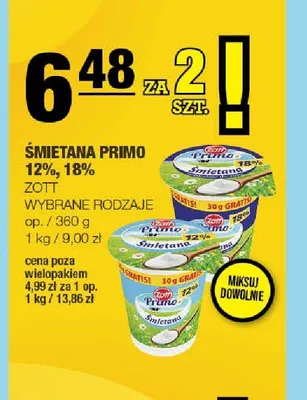 Śmietana Primo 18% Zott 2-pak promocja w SPAR