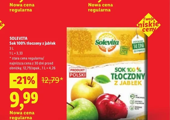 Sok 100% tłoczony z jabłek Solevita promocja w Lidl