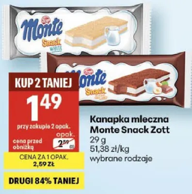 Kanapka mleczna Monte Snack Zott promocja w Delikatesy Centrum