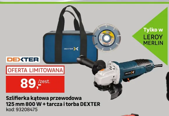 Szlifierka kątowa przewodowa 125 mm + tarcza i torba Dexter promocja w Leroy Merlin
