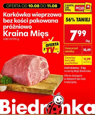 Karkówka wieprzowa bez kości pakowana próżniowo Kraina Mięs promocja w Biedronka