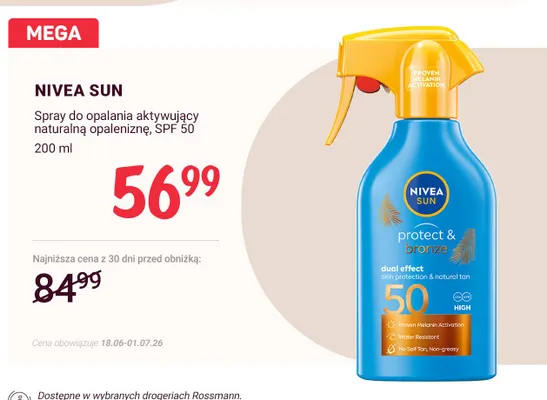 Spray do opalania aktywujący naturalną opaleniznę SPF 50 Nivea Sun Protect & Bronze promocja w Rossmann