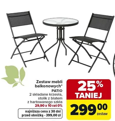 Zestaw mebli balkonowych Patio 2 składane krzesła, stolik kawowy z hartowanego szkła promocja w Carrefour