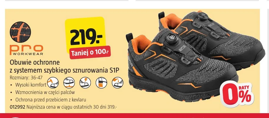 Obuwie ochronne z systemem szybkiego sznurowania S1P Pro Workwear promocja w Jula