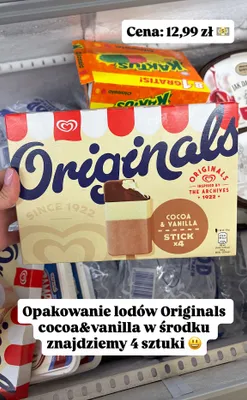 Lody Originals cocoa & vanilla stick promocja w Dino