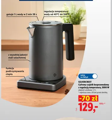 Cyfrowy czajnik bezprzewodowy z regulacją temperatury 3000W 1,7 l Silvercrest promocja w Lidl