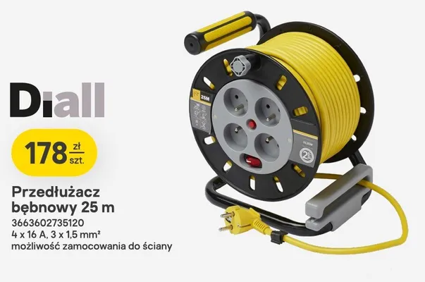 Przedłużacz bębnowy Diall 25m 4x16A 3x1,5mm² możliwość zamocowania do ściany promocja w Castorama