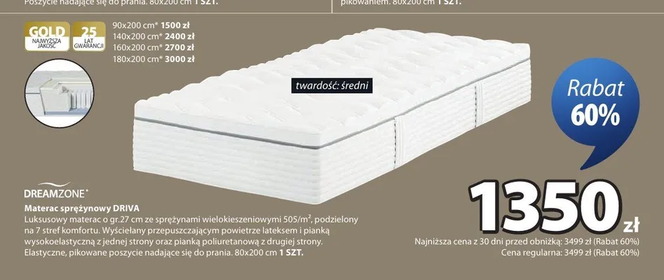 Materac sprężynowy Dreamzone Driva 160x200 cm promocja w Jysk