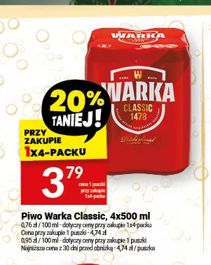 Piwo Warka Classic 4-pak 500 ml promocja w Twój Market