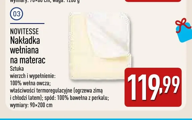 Nakładka wełniana na materac 90x200 cm Novitesse promocja w Aldi