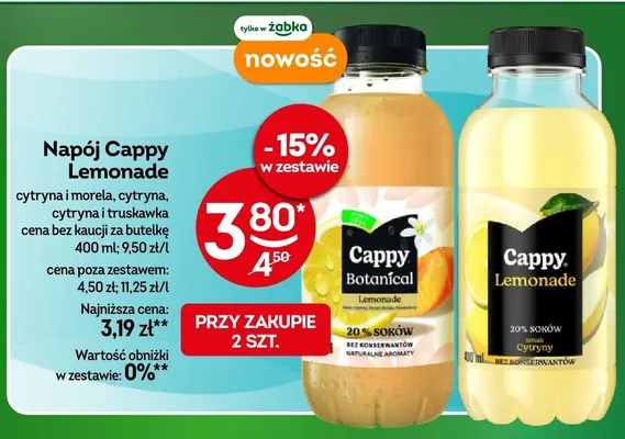 Napój Cappy Lemonade cytryna i morela, cytryna, cytryna i truskawka promocja w Żabka