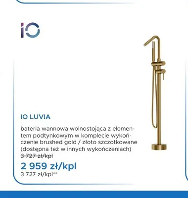 Bateria wannowa wolnostojąca IO Luvia złoto szczotkowane promocja w Blu Salony Łazienek