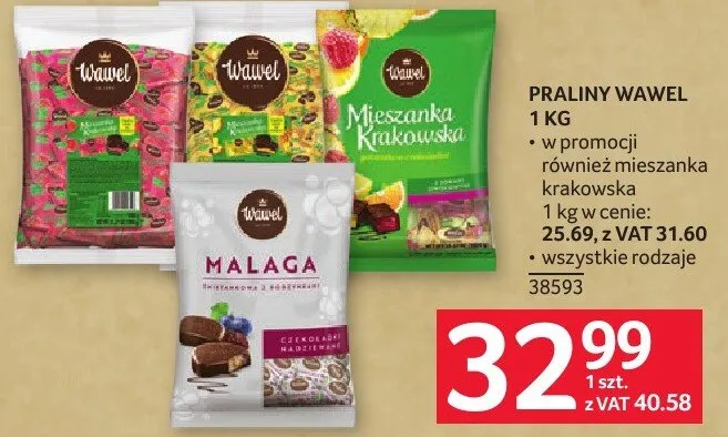 Praliny Wawel 1kg w promocji równa mieszanka różnych smaków, 1 kg w cenie 25.69, z VAT 31.60, wszystkie rodzaje promocja w Selgros
