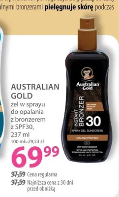 Żel w sprayu do opalania z bronzerem Australian Gold SPF30 promocja w Hebe