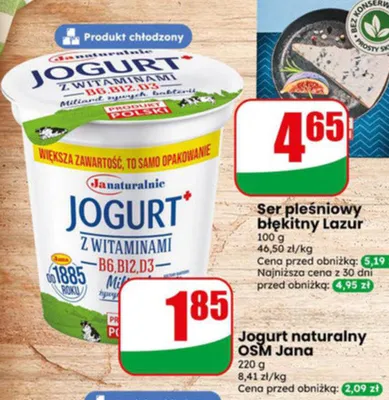 Jogurt naturalny OSM Jana z witaminami B6 B12 D3 promocja w Dino