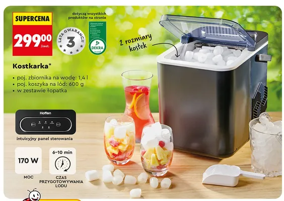 Kostkarka Hoffen 170W 2 rozmiary kostek pojemność zbiornika 1,4l pojemność koszyka 600g z łopatką promocja w Biedronka