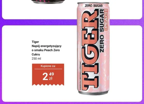 Napój energetyzujący Tiger Peach Zero Cukru promocja w Dino