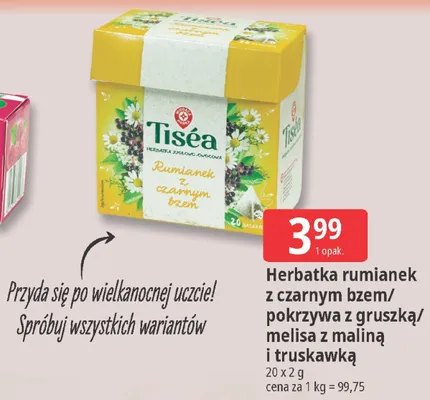 Herbatka rumianek z czarnym bzem/pokrzywa z gruszką/melisa z maliną i truskawką promocja w Leclerc