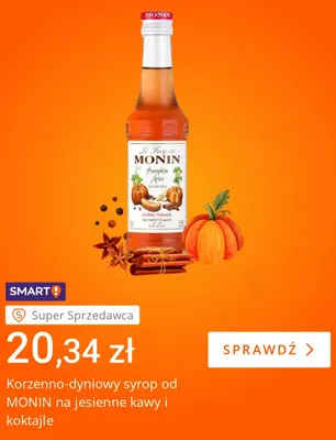 Korzenno-dyniowy syrop od Monin na jesienne kawy i koktajle promocja w Allegro